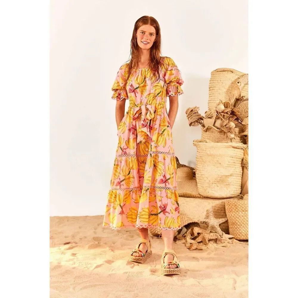 Farm Rio Banana Taste Midi Dress Pink Crochet Belted XS NEW